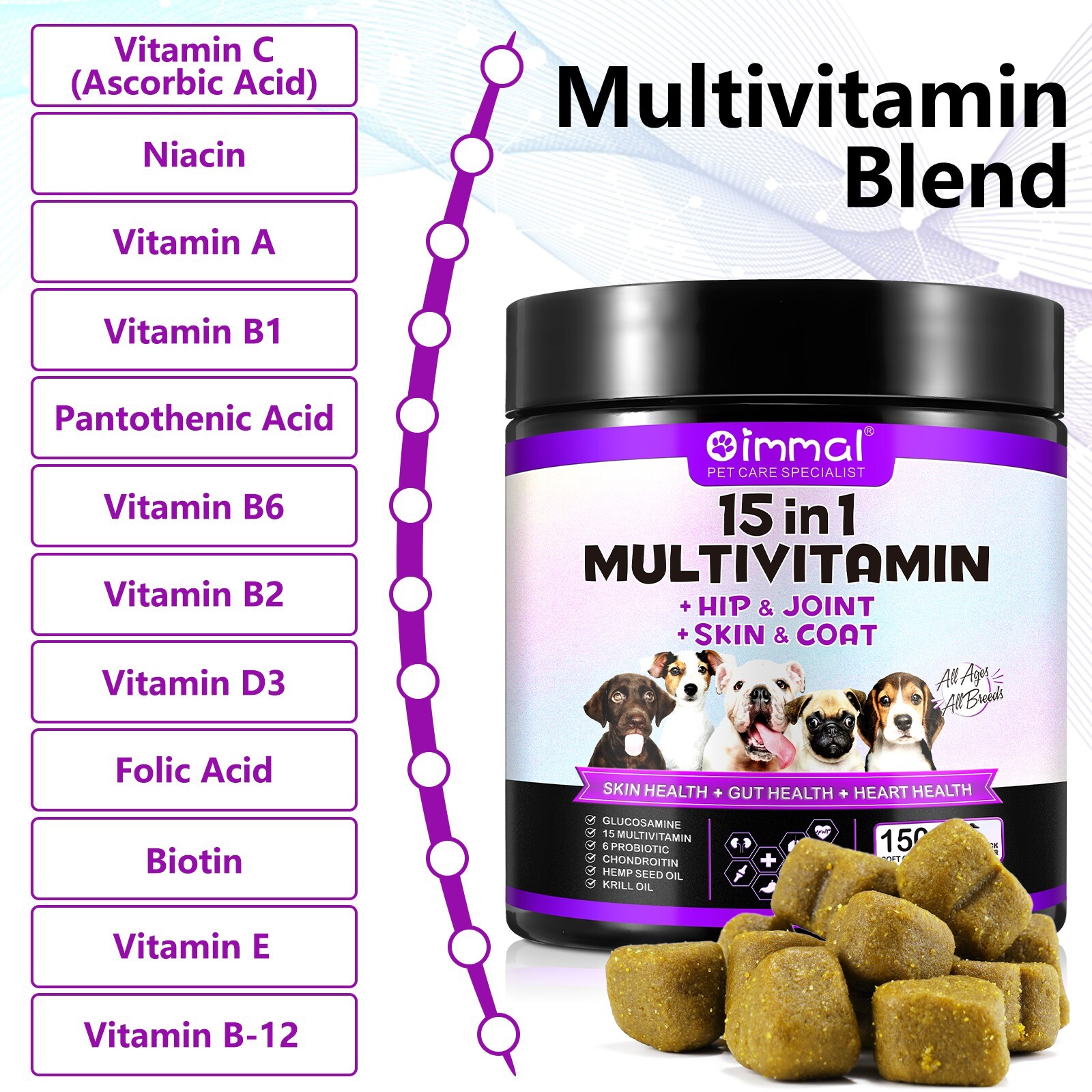 15 in 1 Dog Multivitamins and Supplements, Dog Hip and Joint Supplement,150 Chew