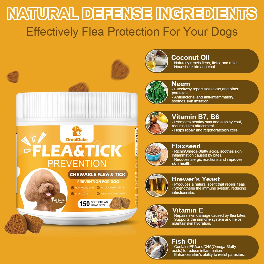 Natural Flea & Tick Prevention Chewable Tablets for Dogs,150 Chews Bacon Flavor