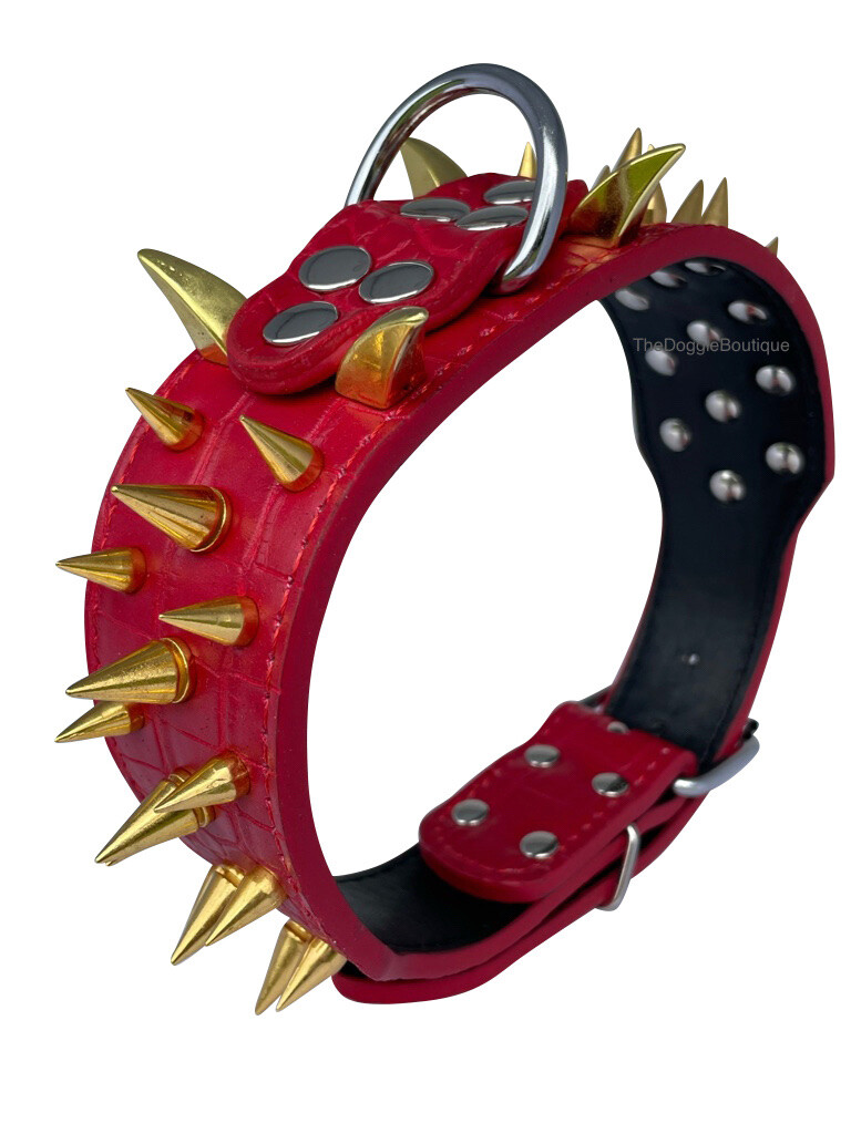 Dog Collar Sharp Gold Spikes Spike Rivet Adjustable PU Leather 2″ wide S M L XL