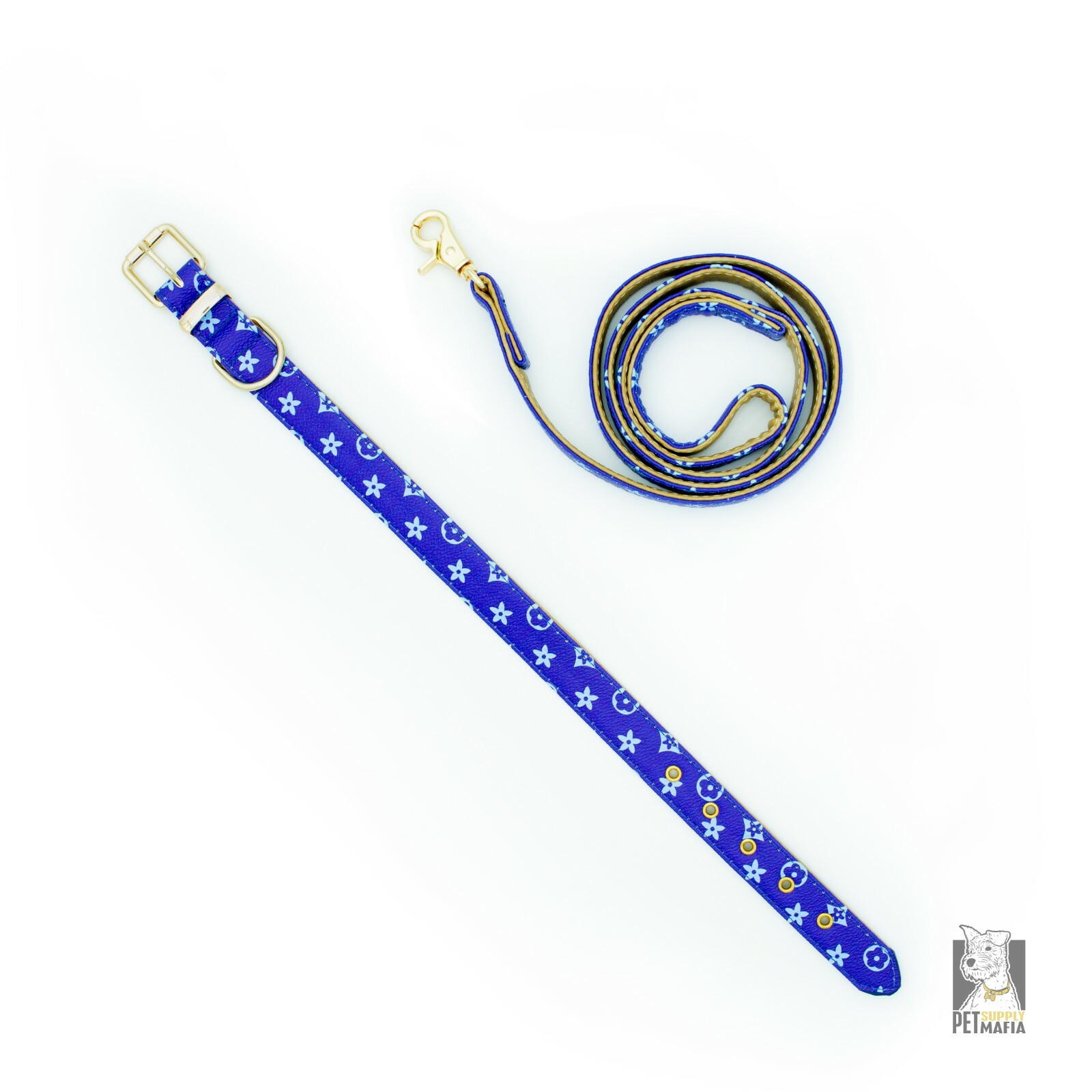 Blue Dog Collar & Leash – Leather Designer Fashion Pet Collar XS, S , M, L , XL
