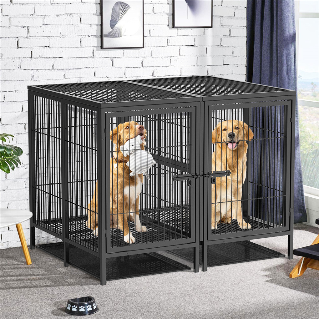 Jumbo Heavy Duty Metal Double Dog Cage Kennel Crate Playpen with Divider＆Tray