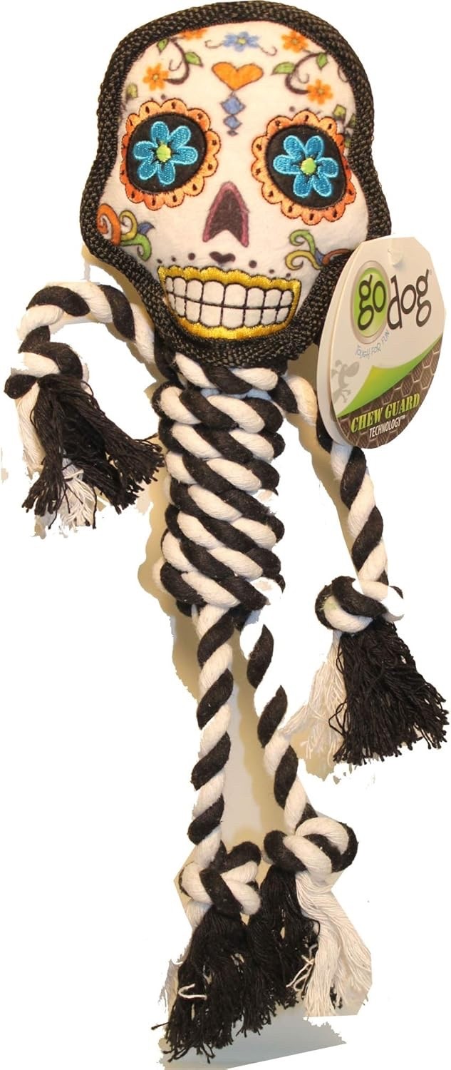 goDog Sugar Skulls Day of The Dead Rope Dog Toy, Chew Guard Technology – White