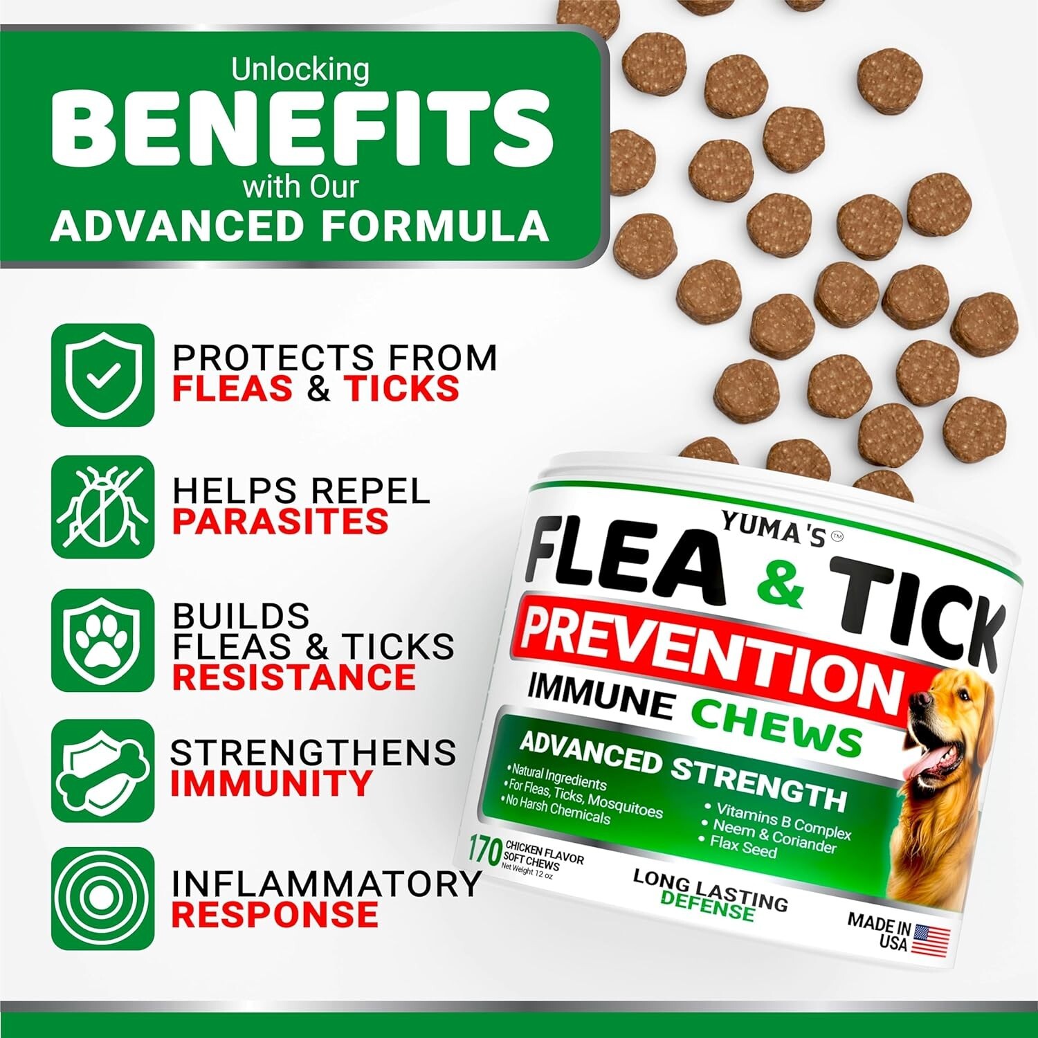100% Natural Flea and Tick Prevention Chewable Pills for All Dogs, Made In USA