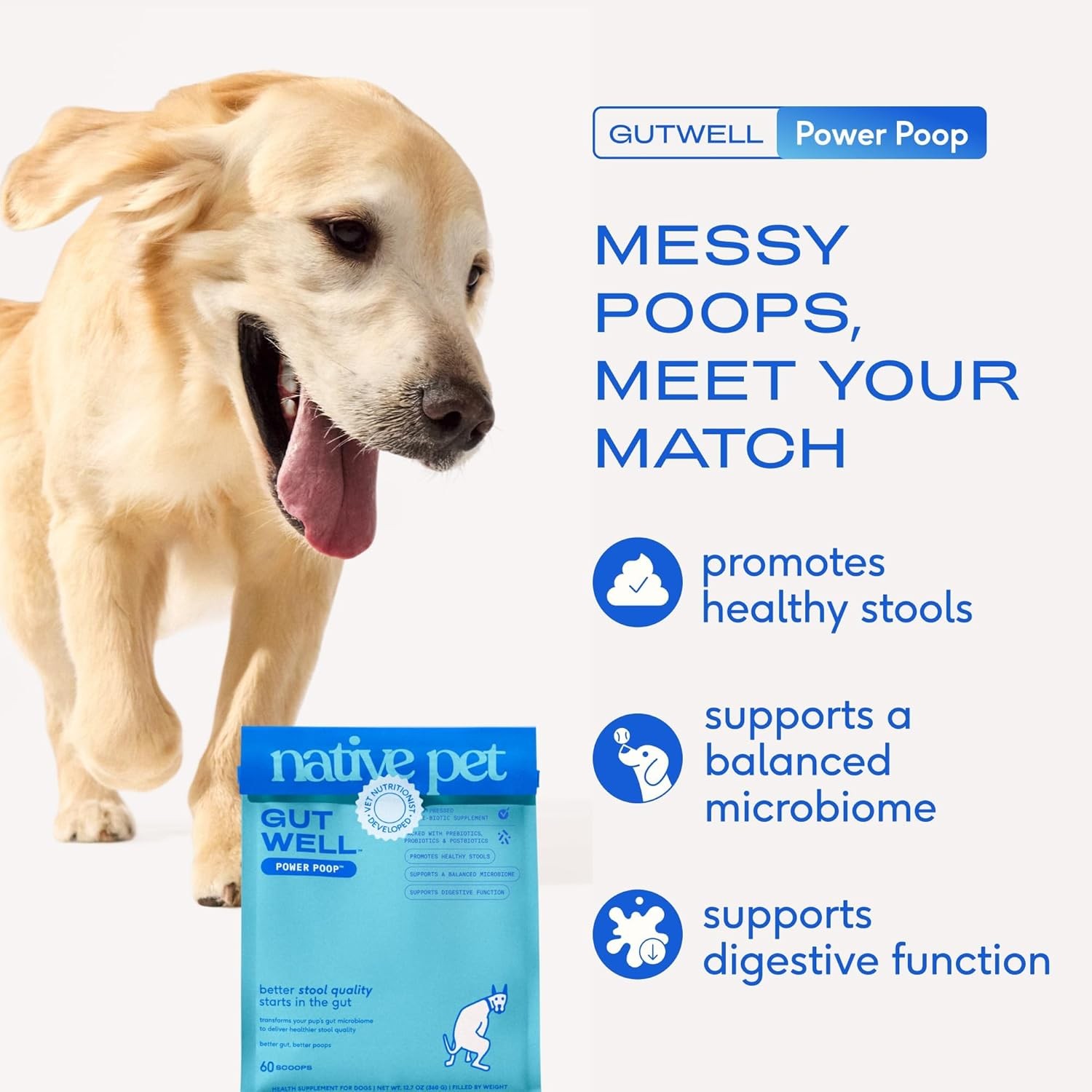 Native Pet GutWell Power Poop – Digestive Enzymes & Fiber, 60 Scoops