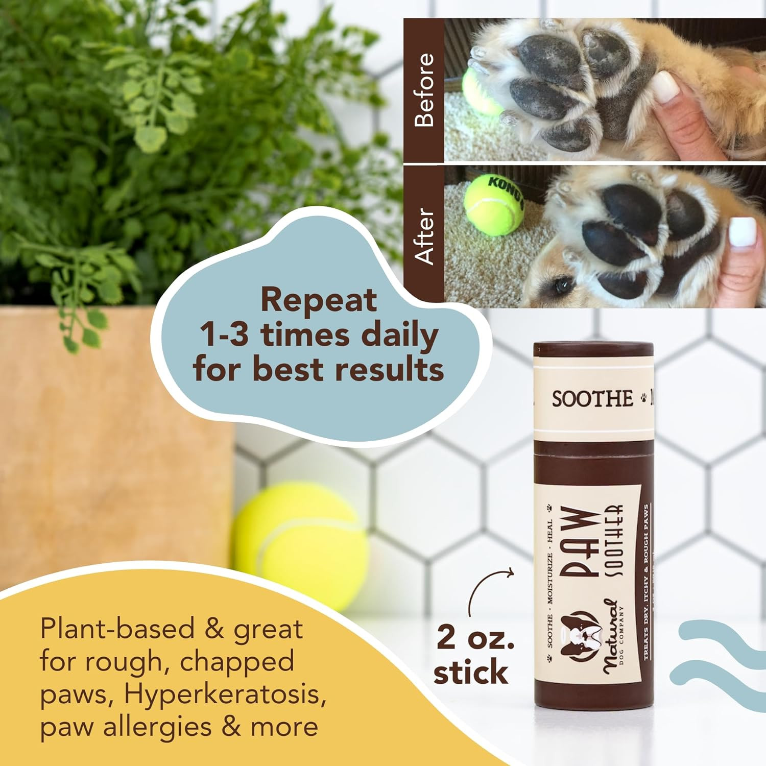 Natural Dog Company Paw Soother Balm, 2 Oz. Stick, Dog Paw Cream and Lotion, Moi