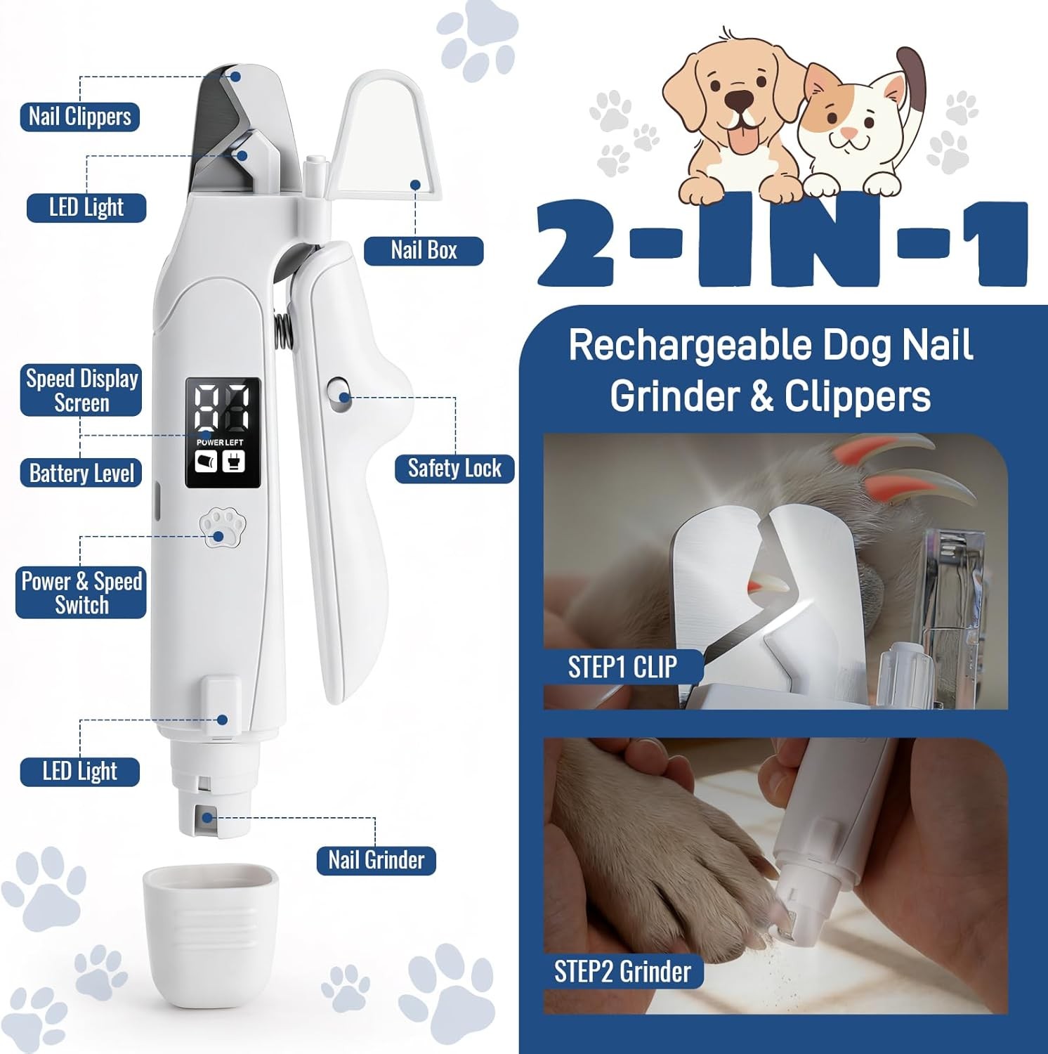 2-in-1 Dog Cat Nail Clipper Grinder Pet Claw Care Trimmer with Light for S/M/L
