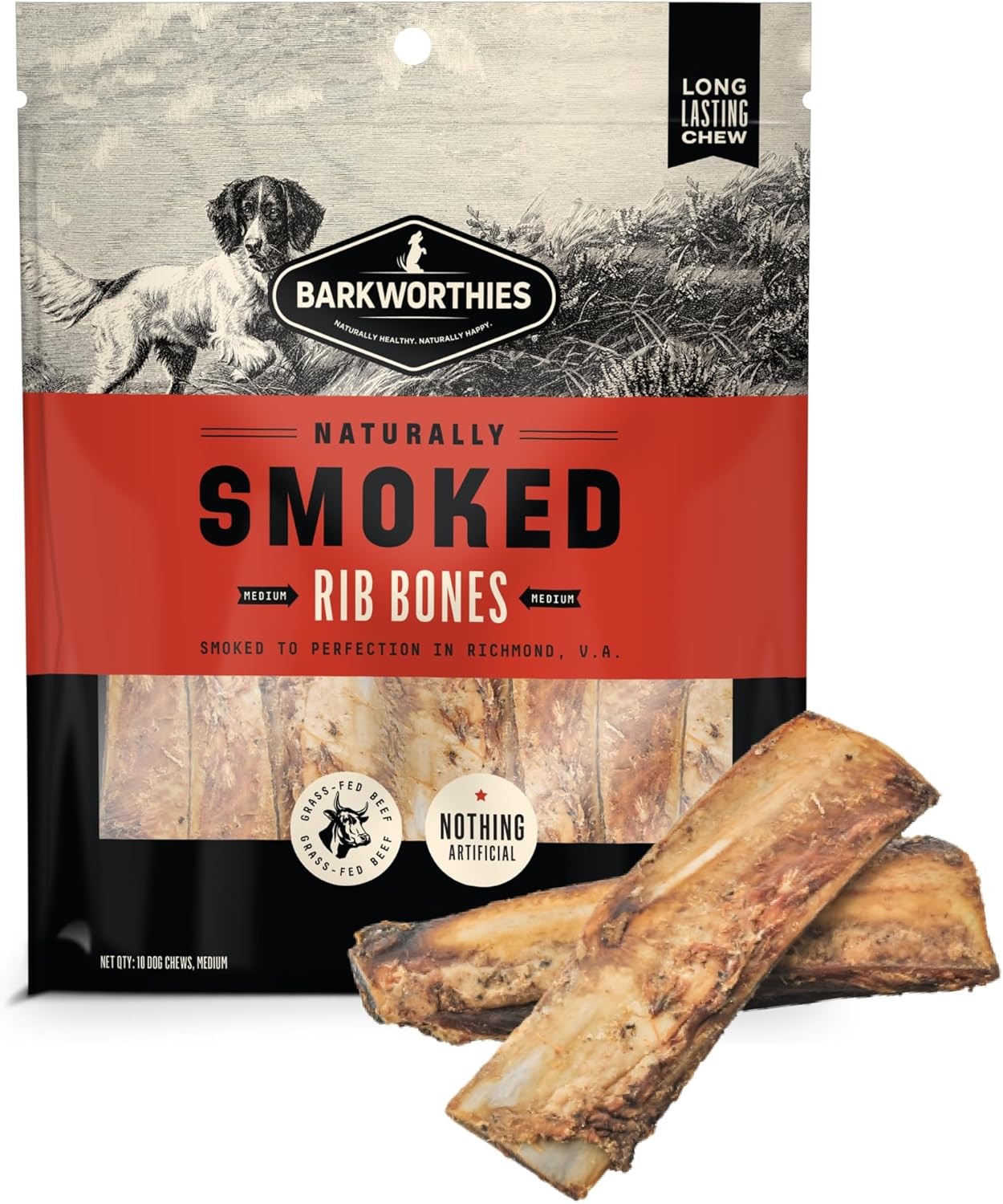 Barkworthies All-Natural Hickory Smoke Rib Bones 10 Medium Dog Chew Treats