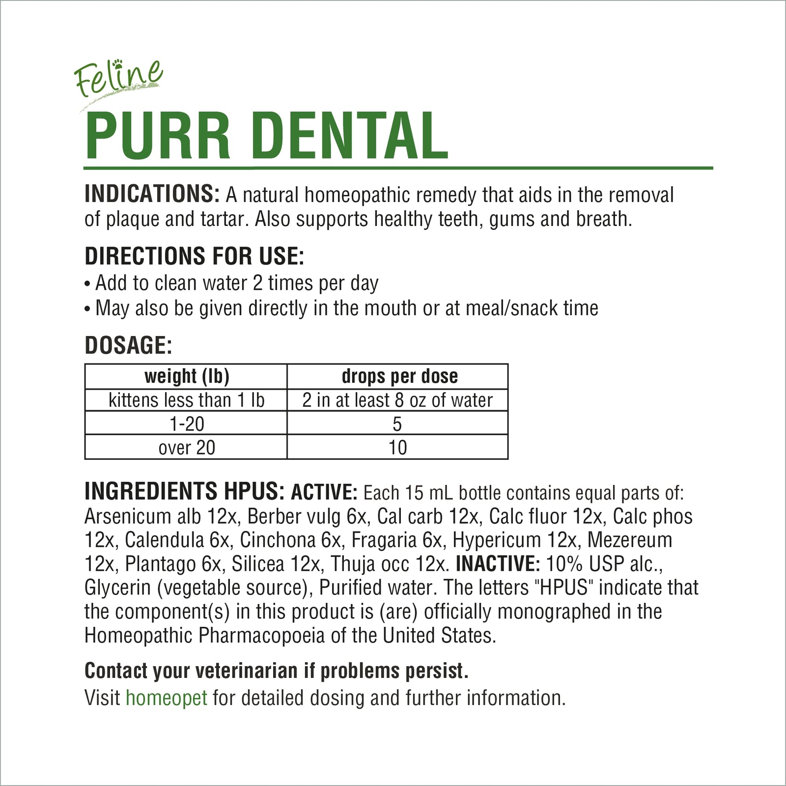 HomeoPet Feline Purr Dental Natural Cat Teeth Cleaner 15mL Safe Oral Care