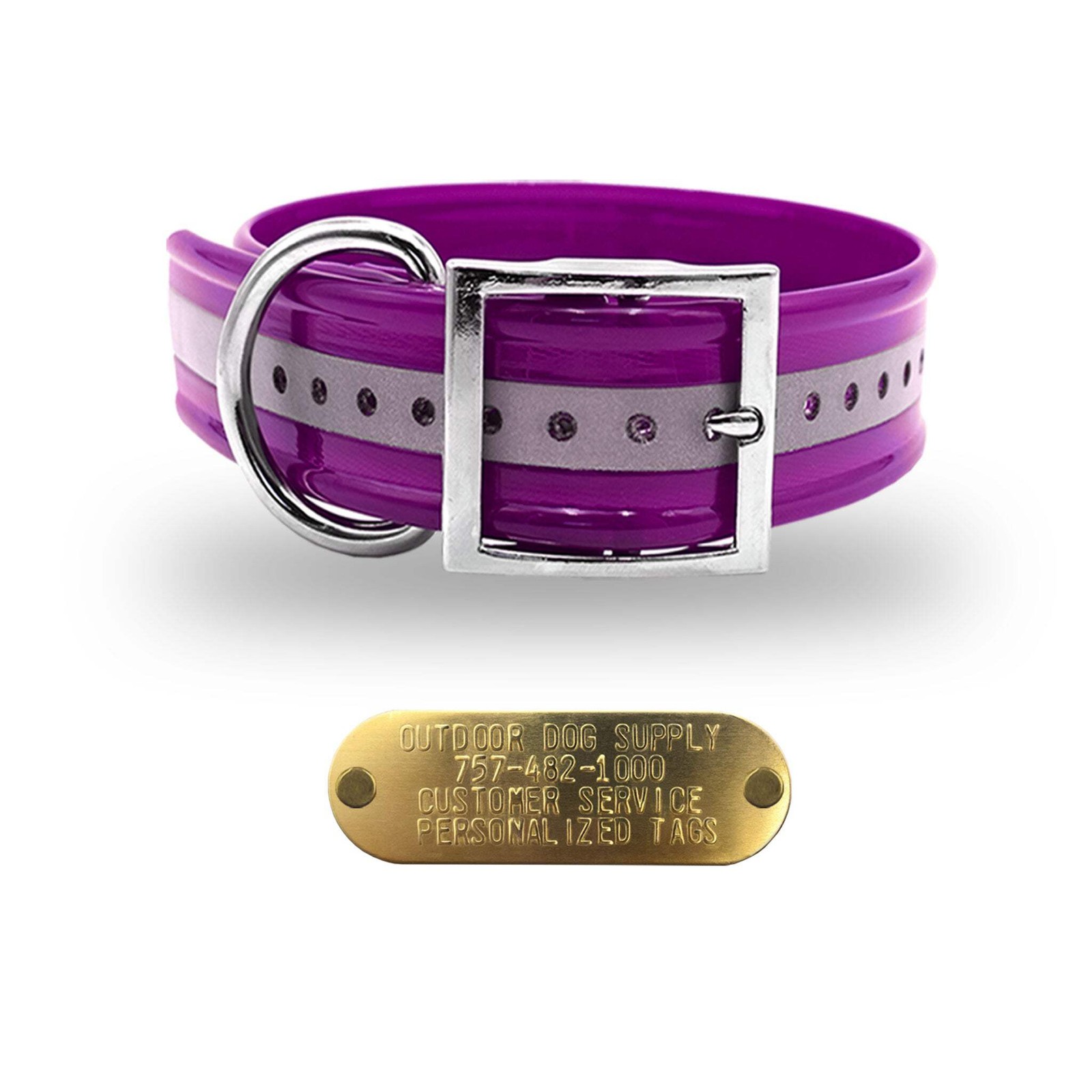 1 1/2″ Reflective Premium Glow Tuff D Ring Large Dog Collar with 1″ Brass Name P