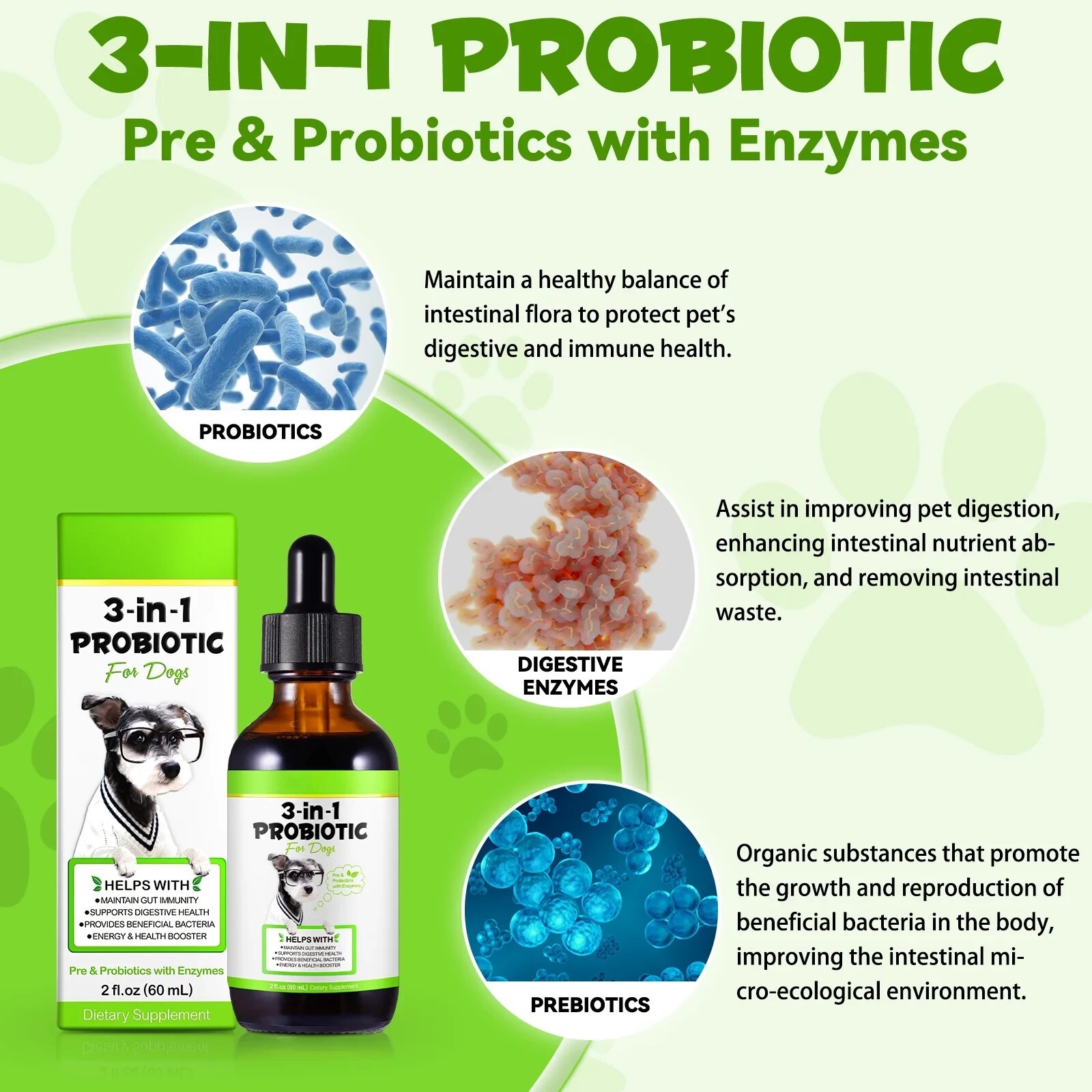 Probiotic for Dogs, Natural 3 in 1 Relieve Diarrhea, Supports Gut, Itchy Skin