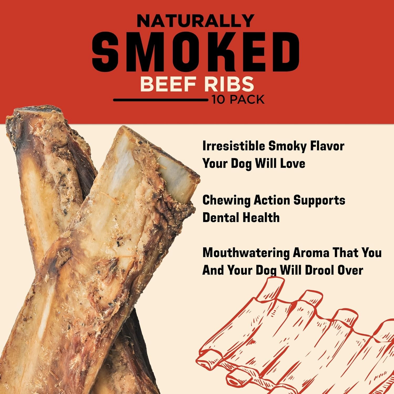 Barkworthies All-Natural Hickory Smoke Rib Bones 10 Medium Dog Chew Treats