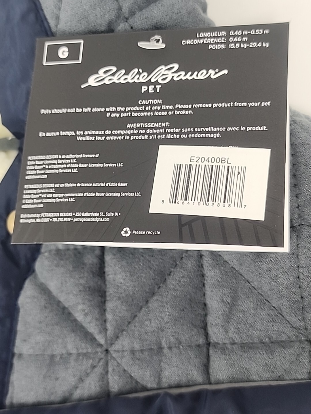 Eddie Bauer Pet Apparel DOG Jacket Fleece Cold Winter Coat LARGE 35-65 lbs NWT