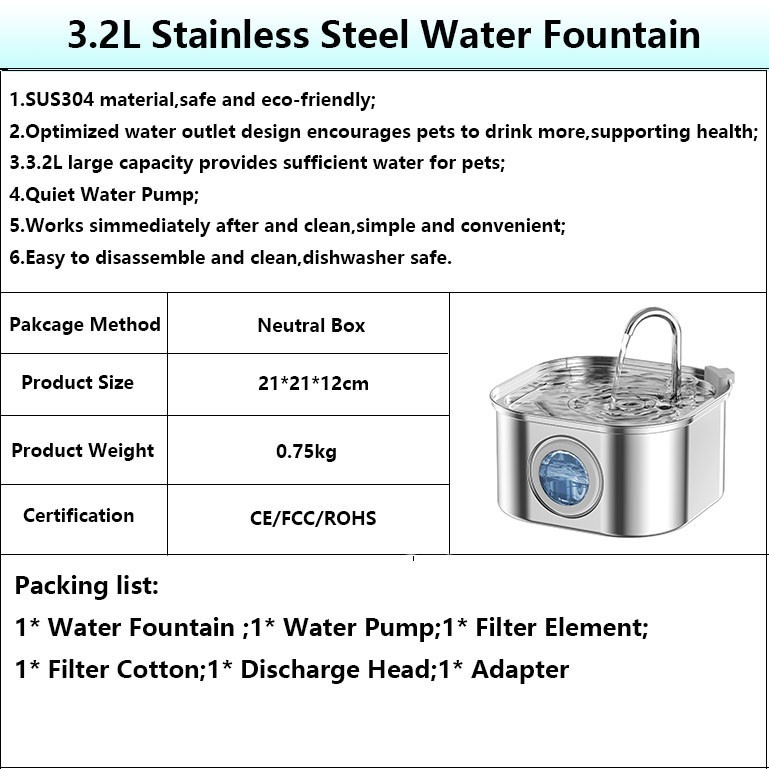 Pet Water Fountain 3.2L Automatic Cat Dog Drinking Water Bowl Stainless Steel