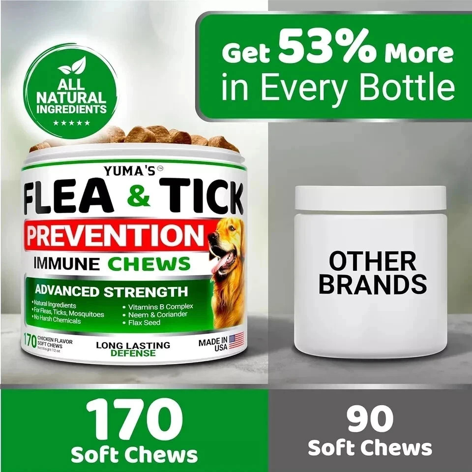 100% Natural Flea and Tick Prevention Chewable Pills for All Dogs, Made In USA ⭐
