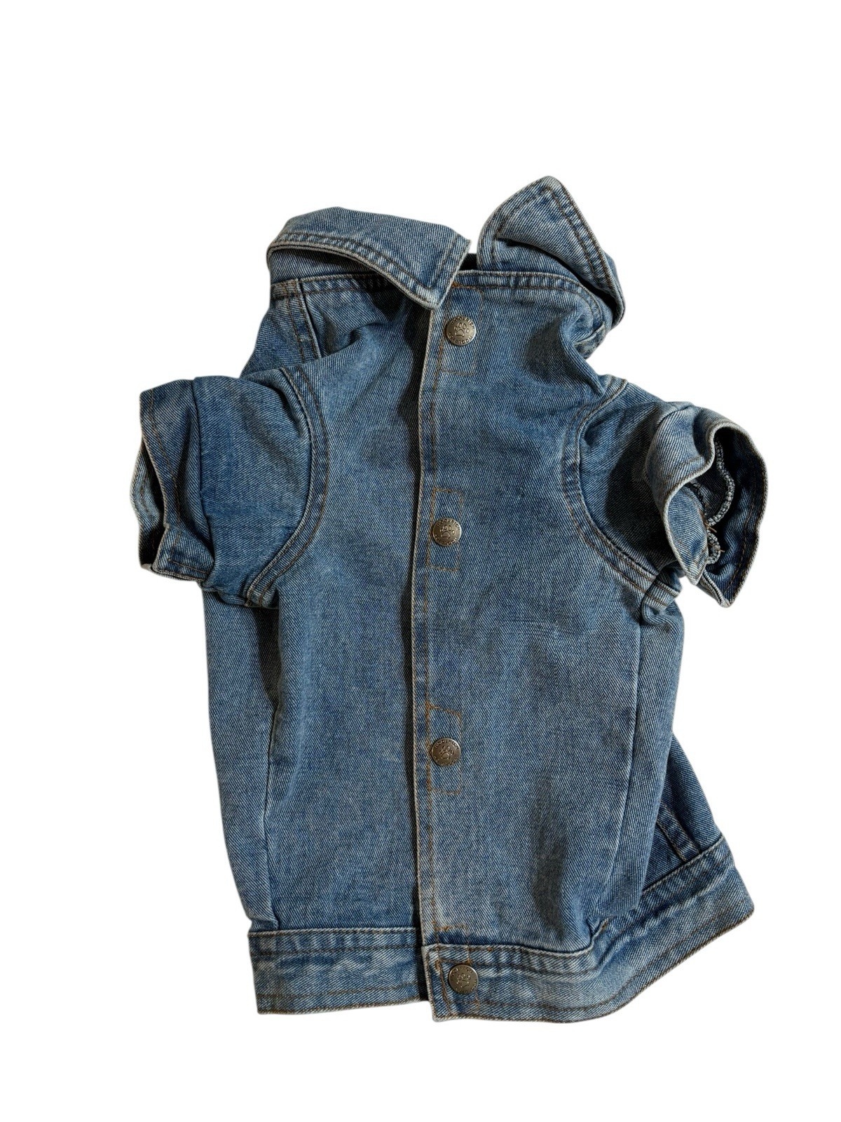 Woolrich Denim Coat Dogs Medium Blue Jean Light Wash Snap Collared Short Sleeve
