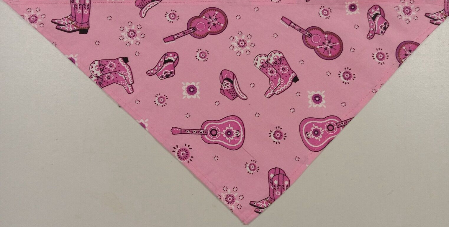 Dog Bandana/Scarf, Tie On, Country Western, Pink, Guitars, Boots, Hats, M