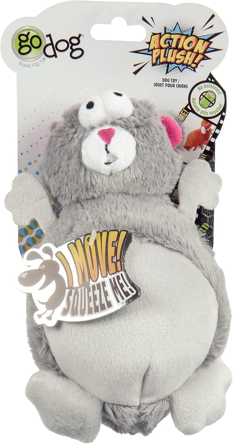 goDog Action Plush Squirrel Animated Squeaky Dog Toy, Chew Guard Technology-Grey