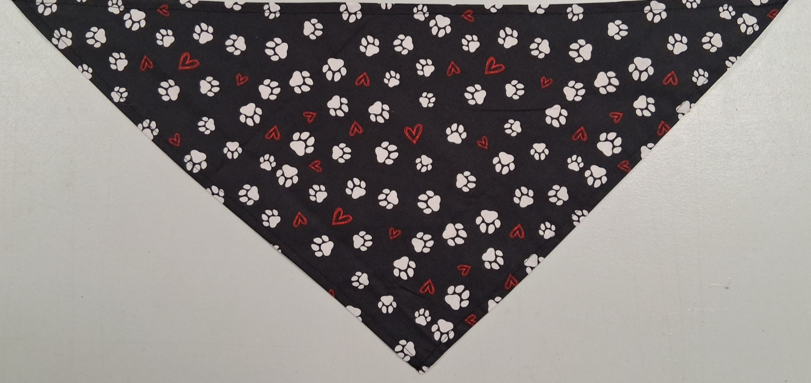 Dog Bandana/Scarf, Tie On, Black, White Paw Prints, Red Hearts, XS, S, M, L