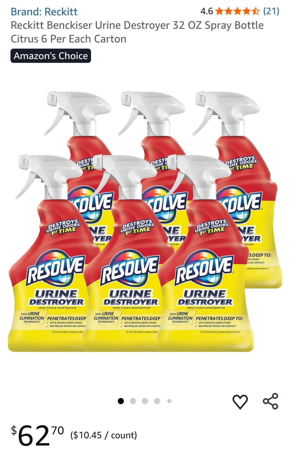Reckitt Benckiser Urine Destroyer 32 OZ Spray Bottle Citrus 6 Per Each Carton