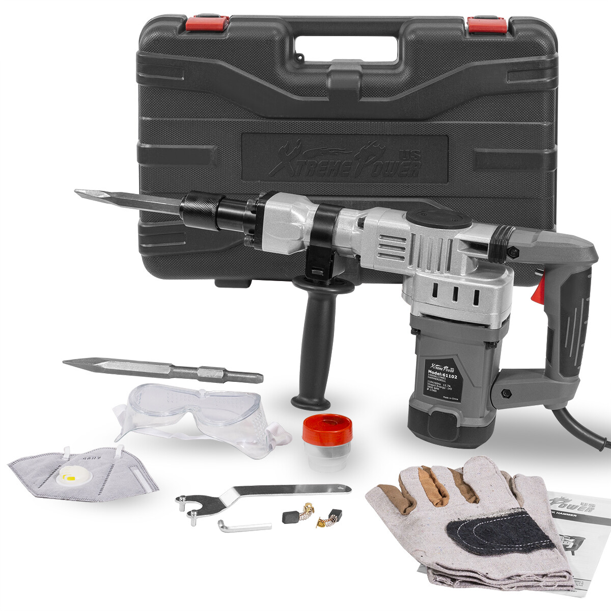 3800BPM 1-1/2″ Electric Demolition Jack Hammer Concrete Breaker W/ Hex Chisels