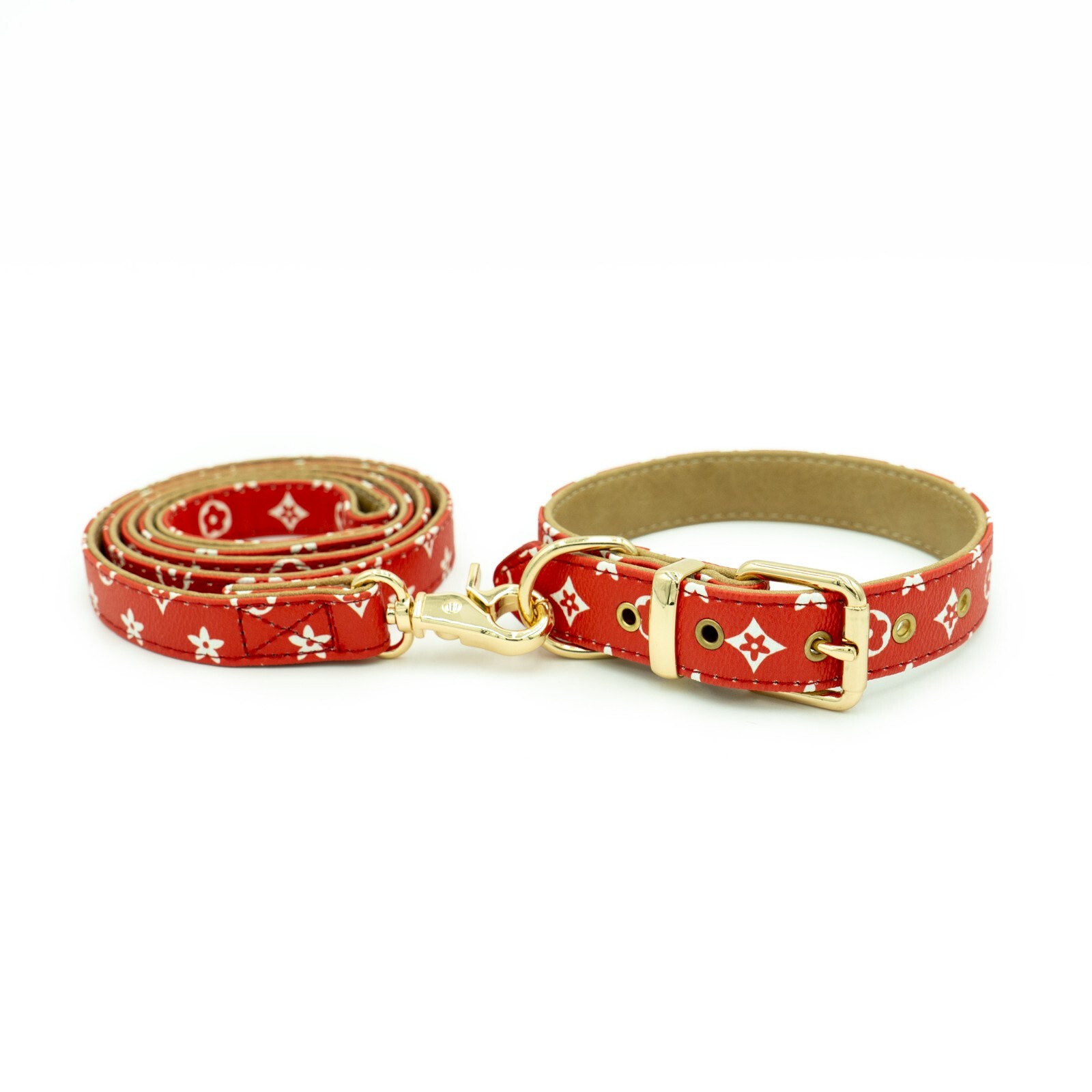 Red Collar + Leash kit -PU Leather Designer monogram Dog Collar Gold hardware