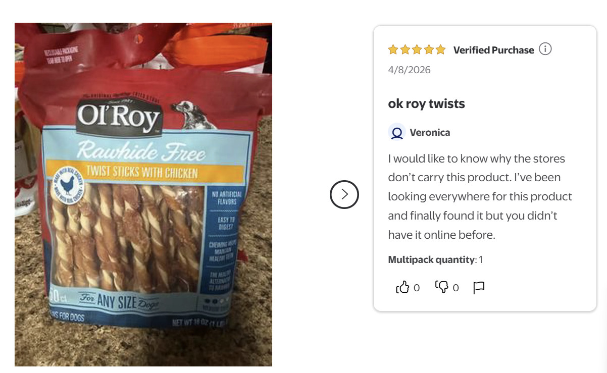 Ol’ Roy Rawhide Free Twist Sticks with Chicken Dog Treats, 50ct,16oz.Bag
