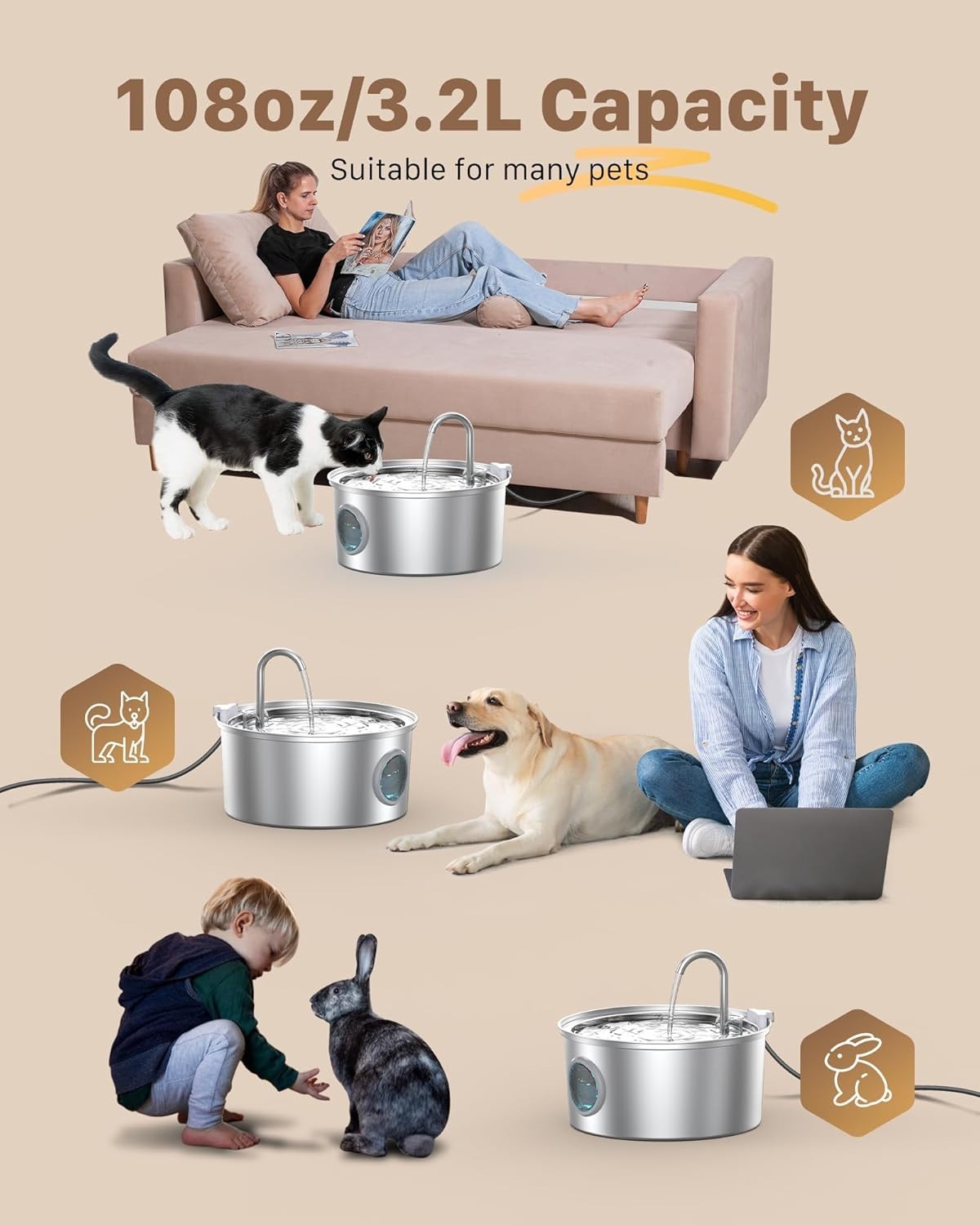 Stainless Steel Cat Water Fountain 3.2L Automatic Dispenser for Pets