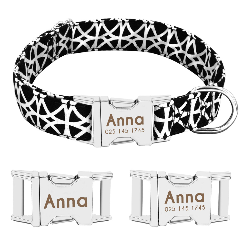 Nylon Cotton Personalized Dog Collar Pet Nameplate Custom Engrave ID Collar Tag