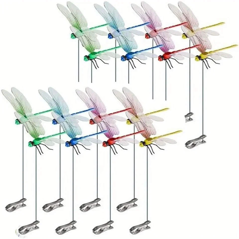 12×Fake Dragonfly Clips Clip on Dragonfly for Outdoors 3D Dragonfly Garden Decor