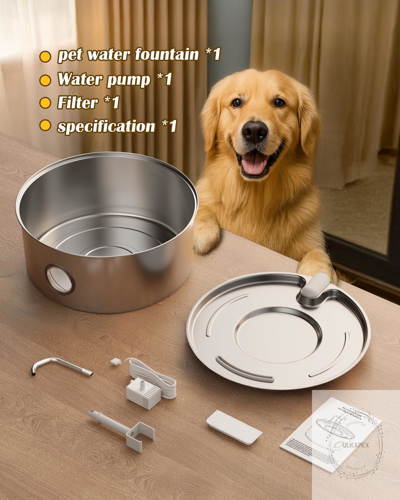 Dog Water Fountain for Large Dogs- 270oz/8L Stainless Steel Dog Water Bowl Dispe