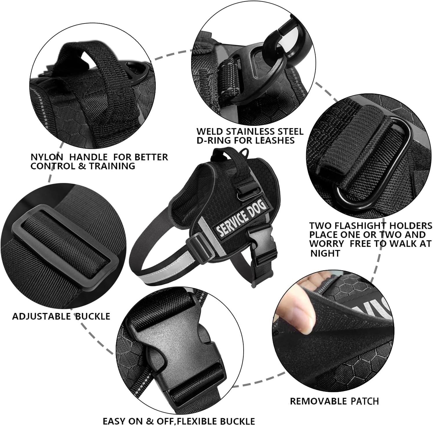 Reflective Service Dog Vest Harness, Woven Nylon with Adjustable Straps XS-XXL