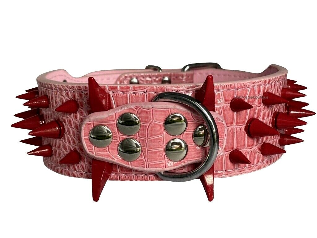 Dog Collar Sharp Red Spikes Spike Adjustable Rivet PU Leather 2″ wide S M L XL