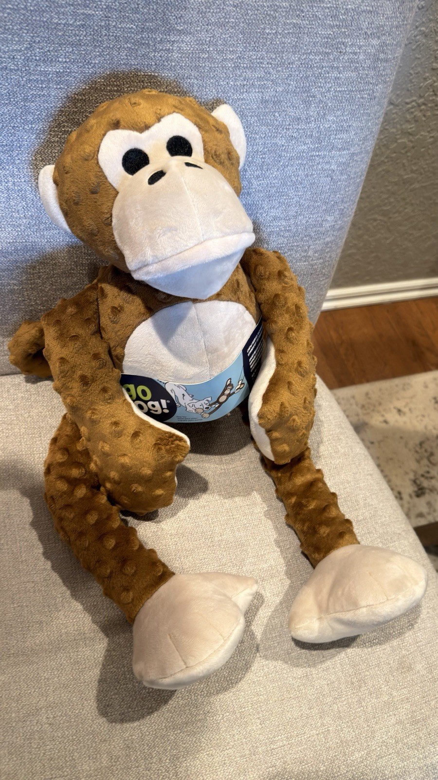 goDog Checkers Plush Monkey Dog Toy with Squeaker Brown Durable Soft Chew Toy