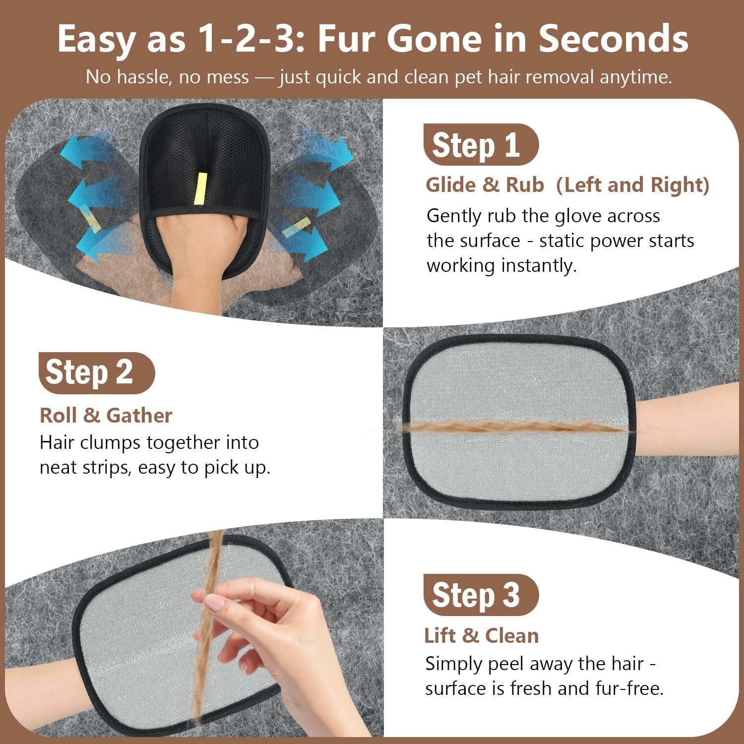 2- Pack Pet Hair Remover Gloves Reusable Dog, Cat Fur Cleaner for Car Sofa Couch