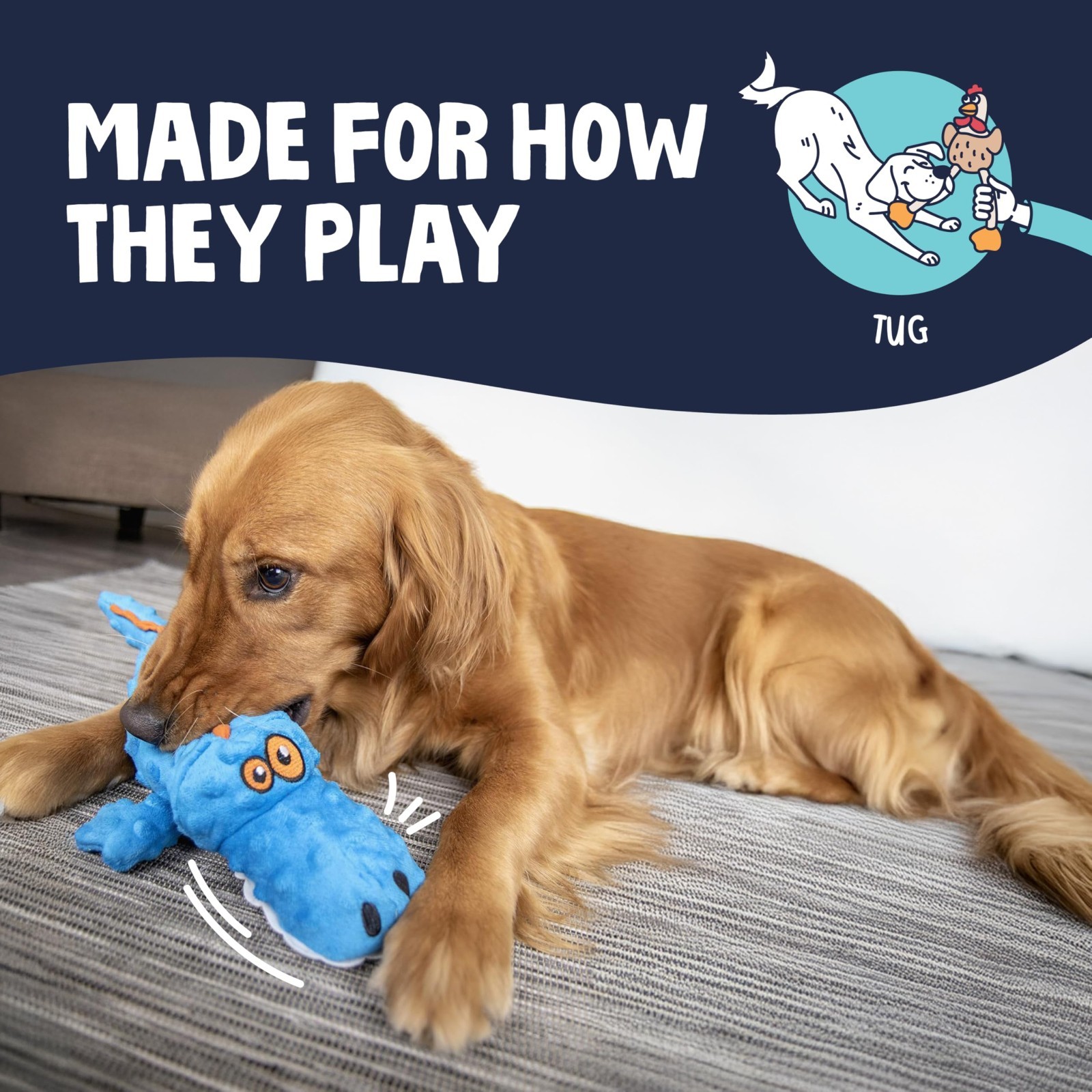 goDog Gators Squeaky Plush Dog Toy, Chew Guard Technology – Blue, Large