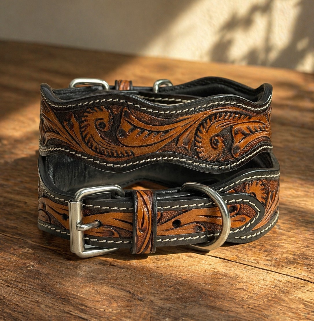 Western Leather Handmade Pet Dog Collar Heavy Duty Hand Tooled Adjustable