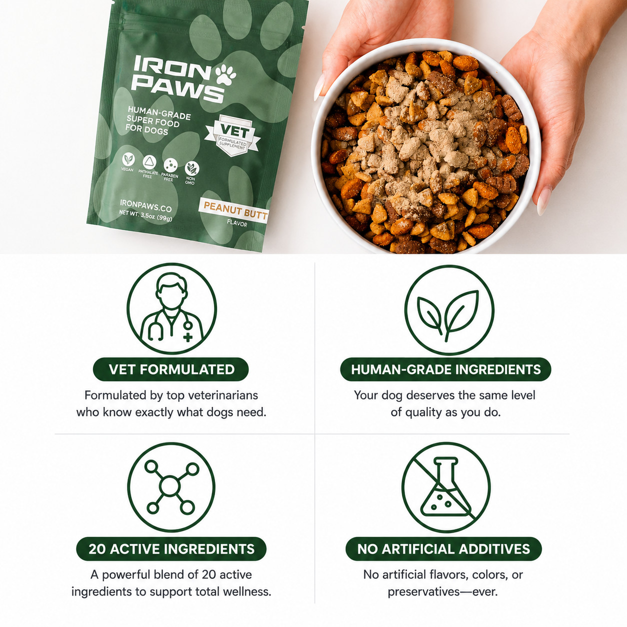 Iron Paws Human-Grade Superfood Powder for Dogs Dental Gut Joint Skin & Coat