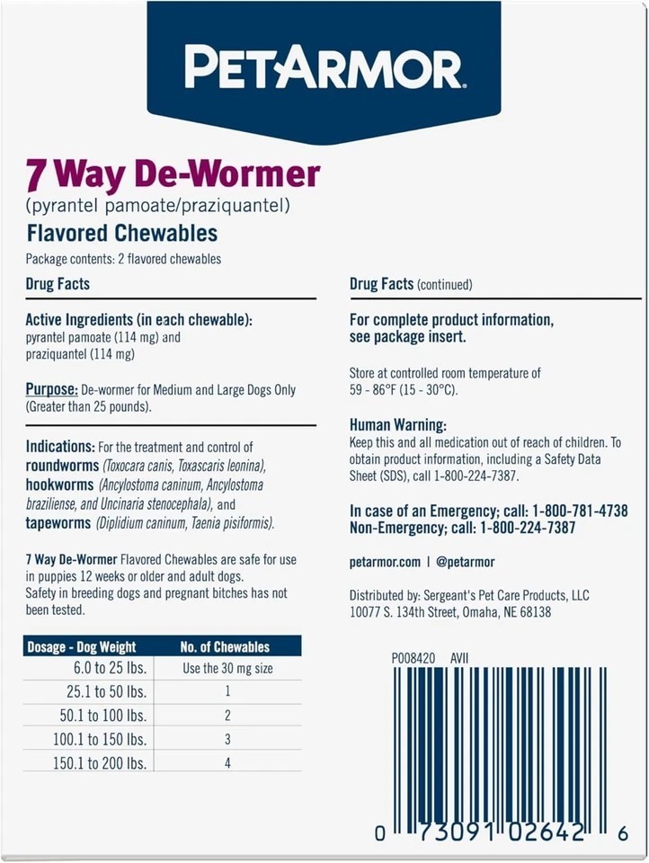 PetArmor 7 Way De-Wormer for Dogs, Oral Treatment for Tapeworm, Over 25 lbs