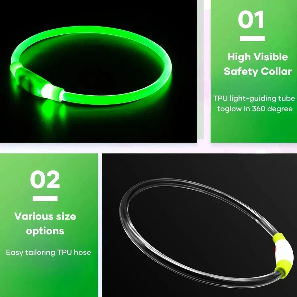 RECHARGEABLE LED Light-up Flash GLOW COLLAR Dog Pet Safety MICRO USB adjustable