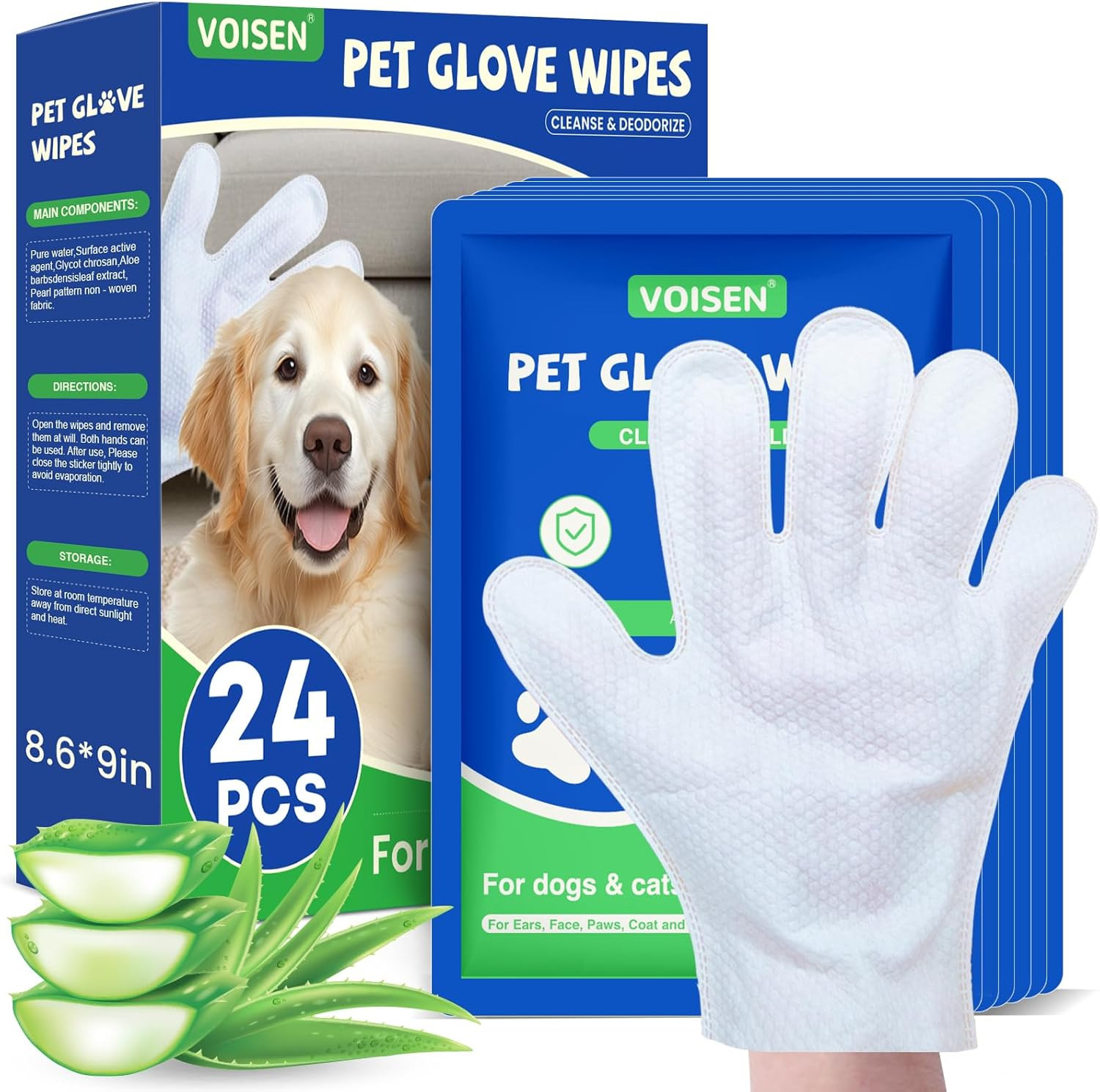 VOISEN 24 Pcs Pet Glove Wipes for Dogs and Cats,Cleaning & Deodorizing Bathin…