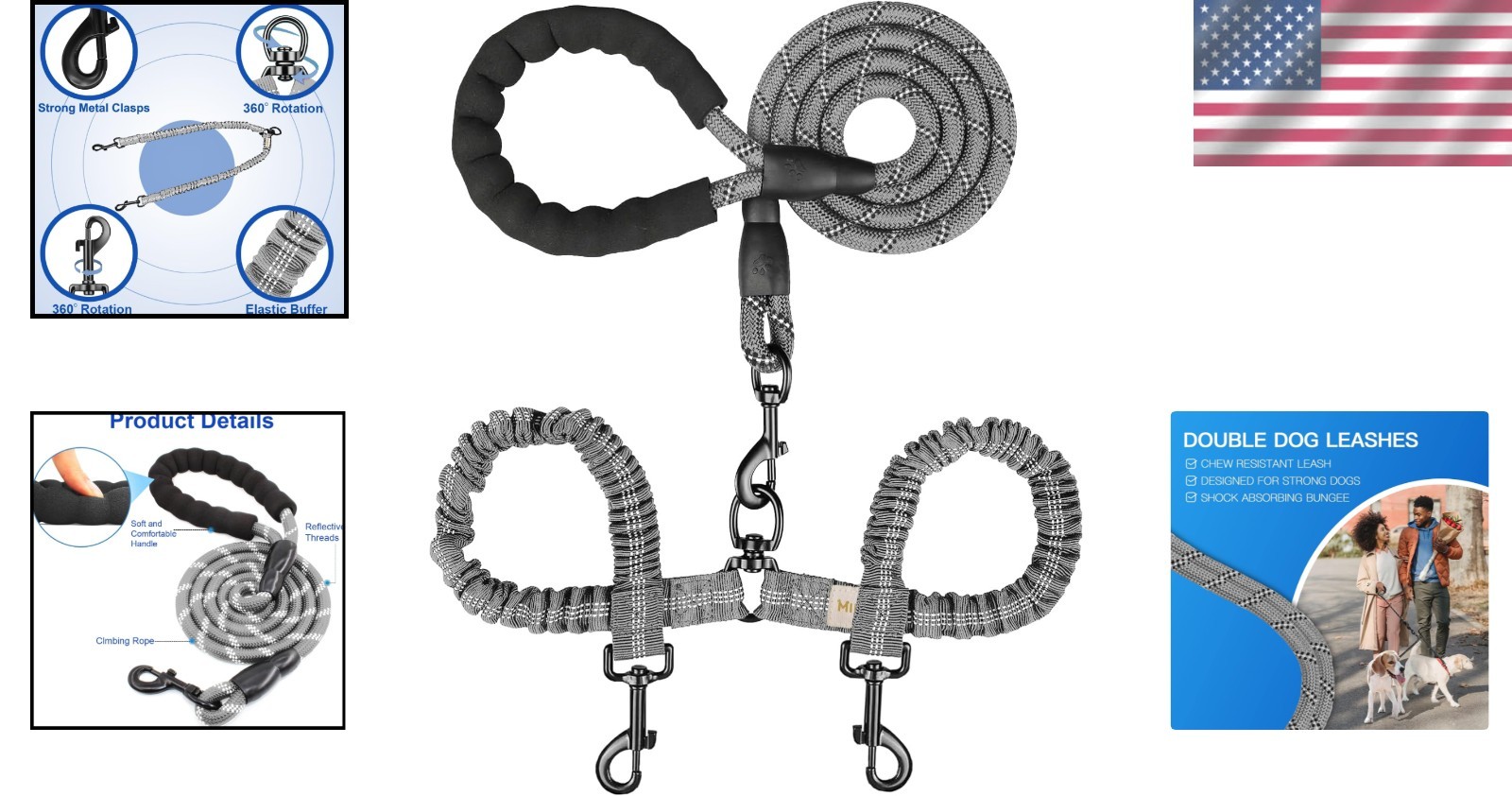 High-Performance Bungee Double Dog Leash, Tangle Resistant, for Medium & Large