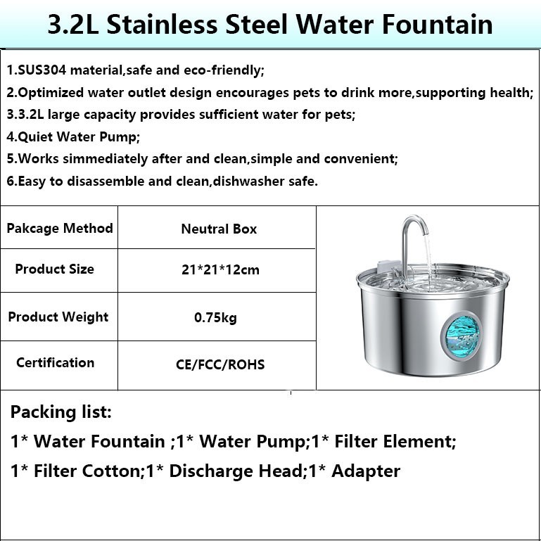 108oz/3.2L Stainless Steel Cat Water Fountain Automatic Dispenser for Pets