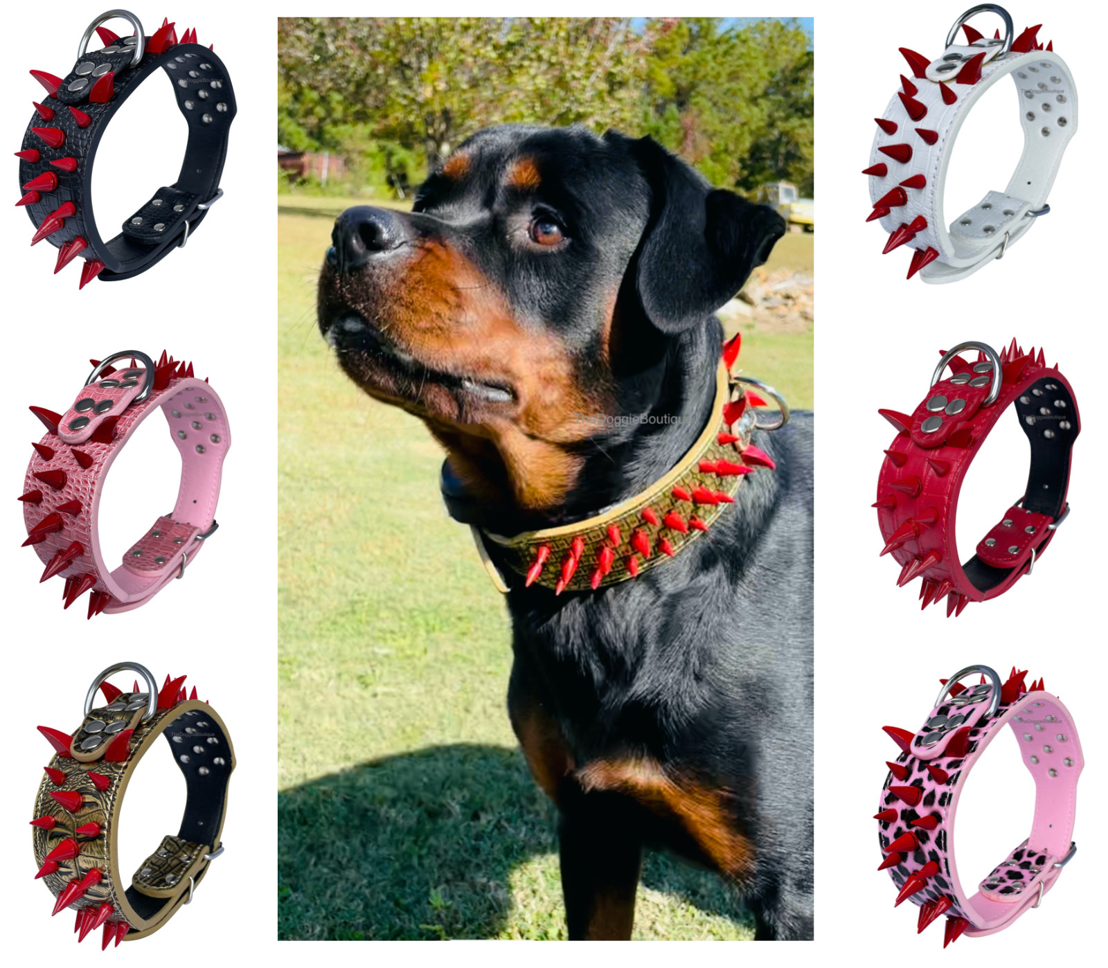 Dog Collar Sharp Red Spikes Spike Adjustable Rivet PU Leather 2″ wide S M L XL