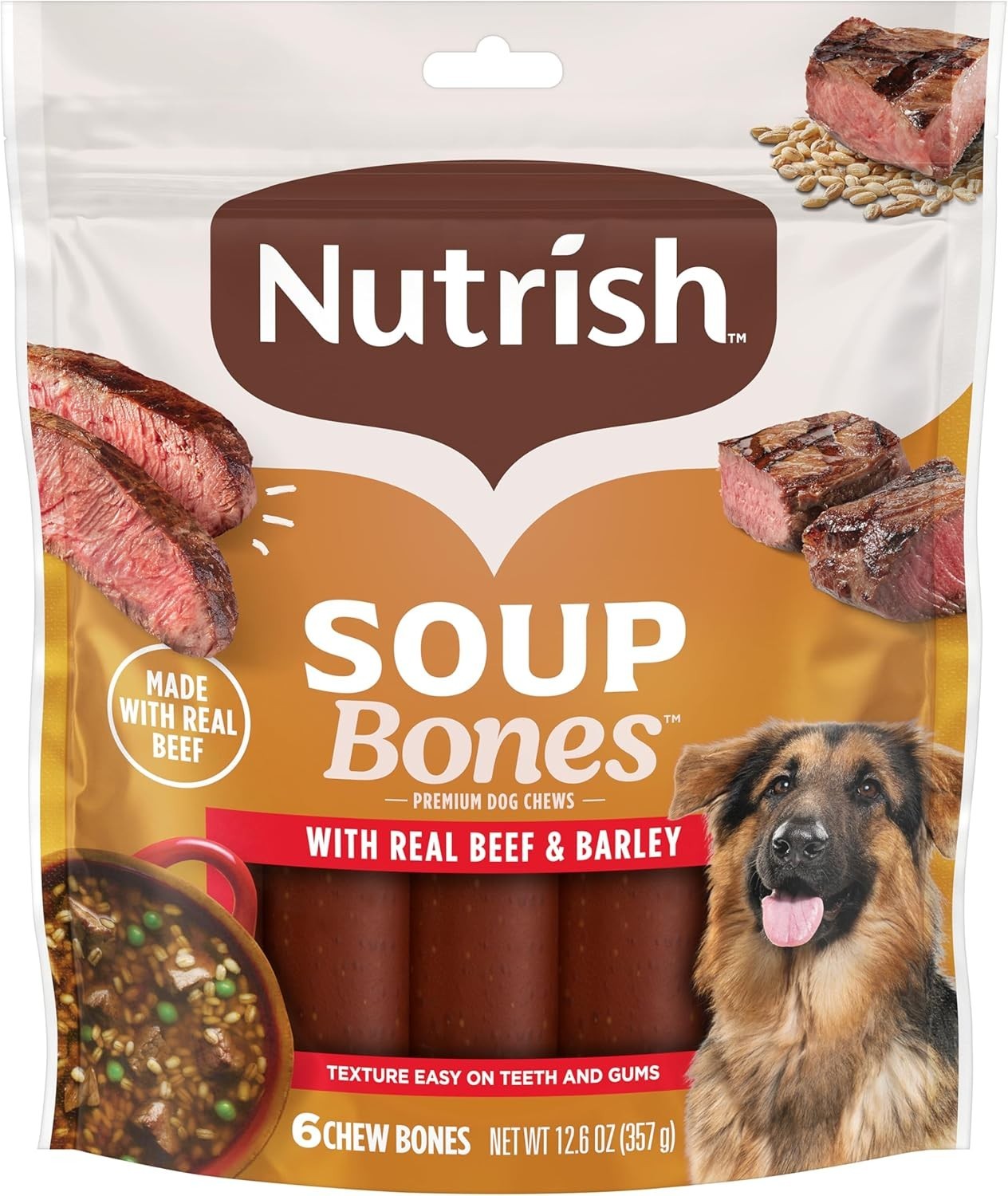 Nutrish Soup Bones Premium Dog Chews with Real Beef and Barley, 6 Chews.