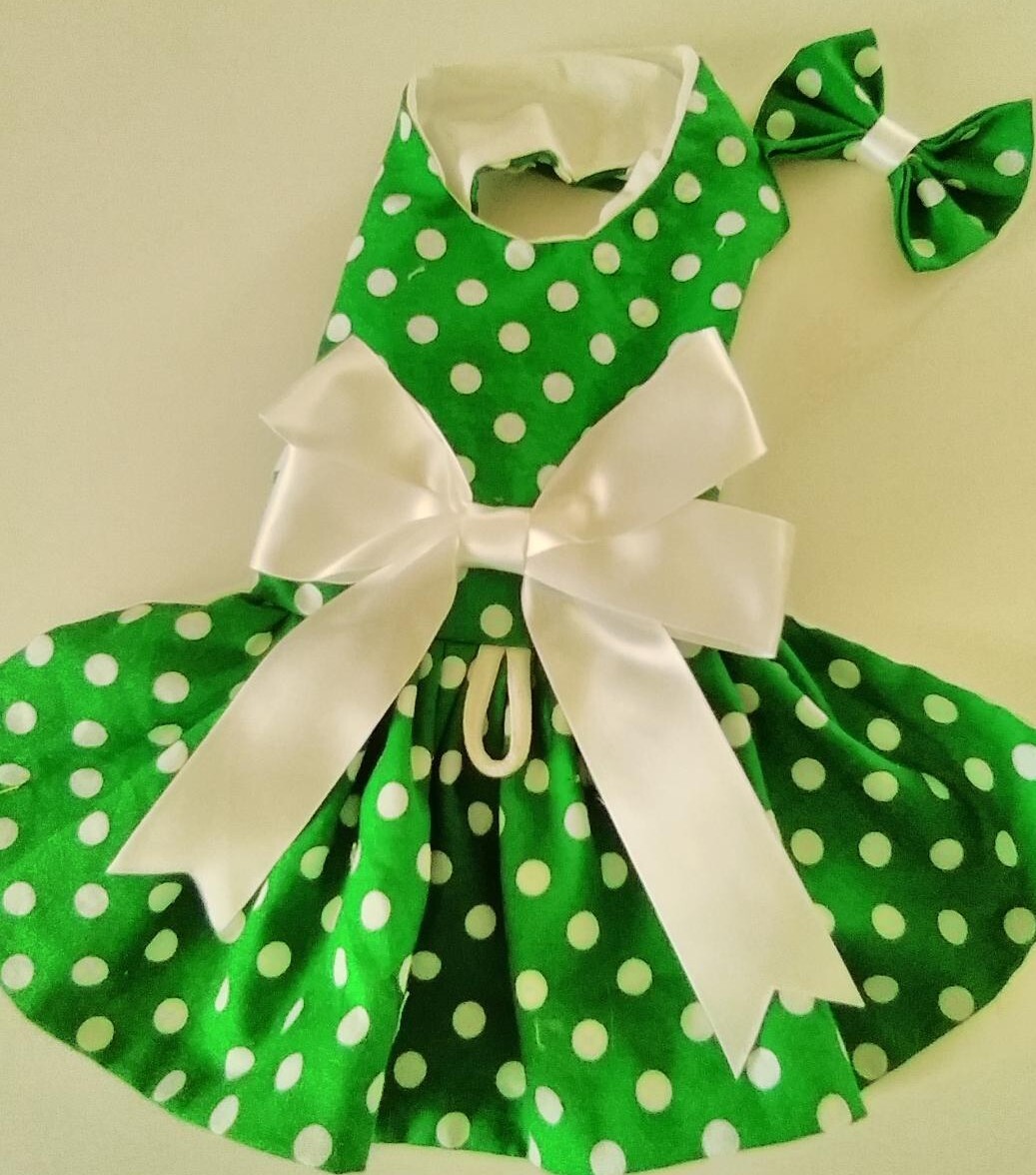 DOG HARNESS DRESS GREEN WITH WHITE DOTS NEW HANDMADE FREE SHIPPING