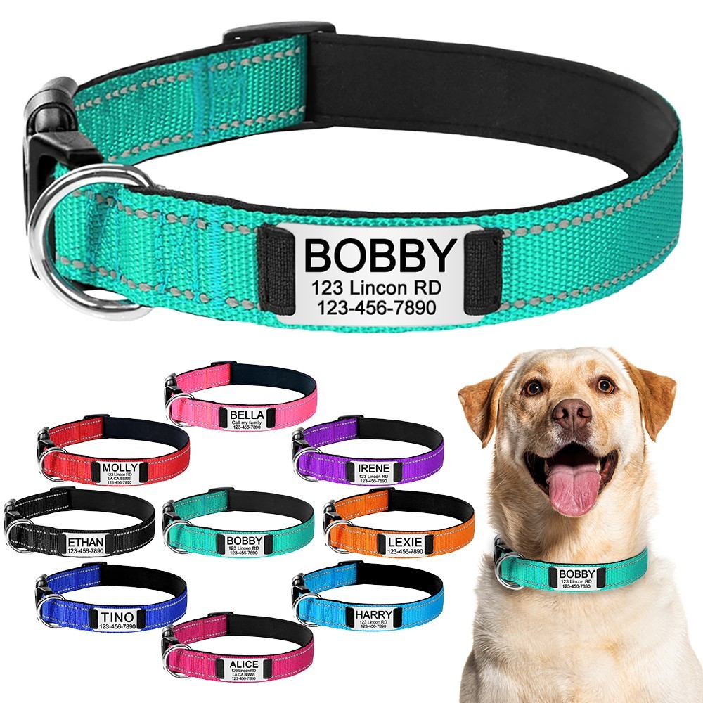 Reflective Nylon Dog Collar Custom Name, Personalized Pet ID Tag Adjustable XS-L