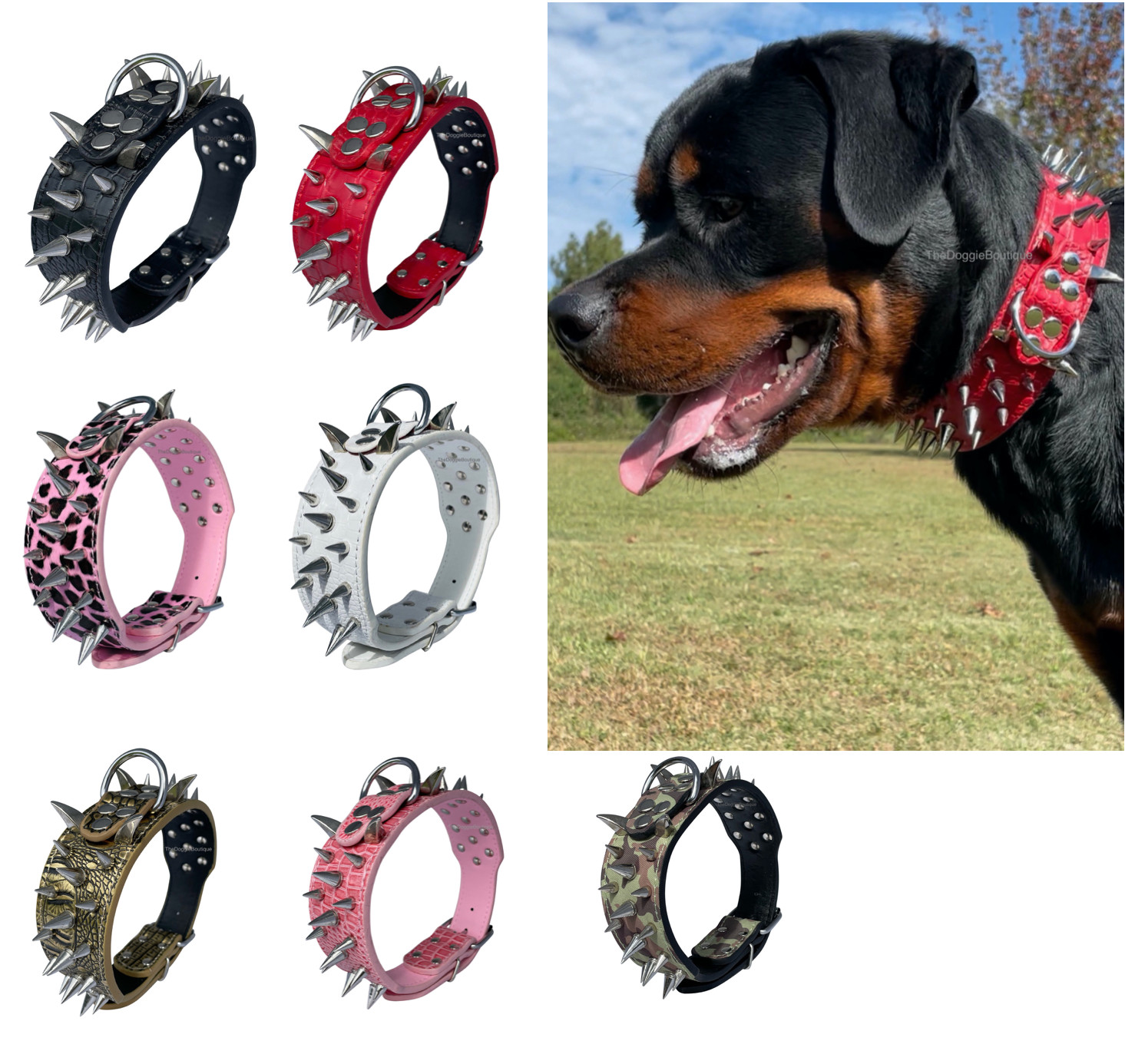 Dog Collar Sharp Spikes Spike Rivet Adjustable PU Leather 2″ wide S M L XL