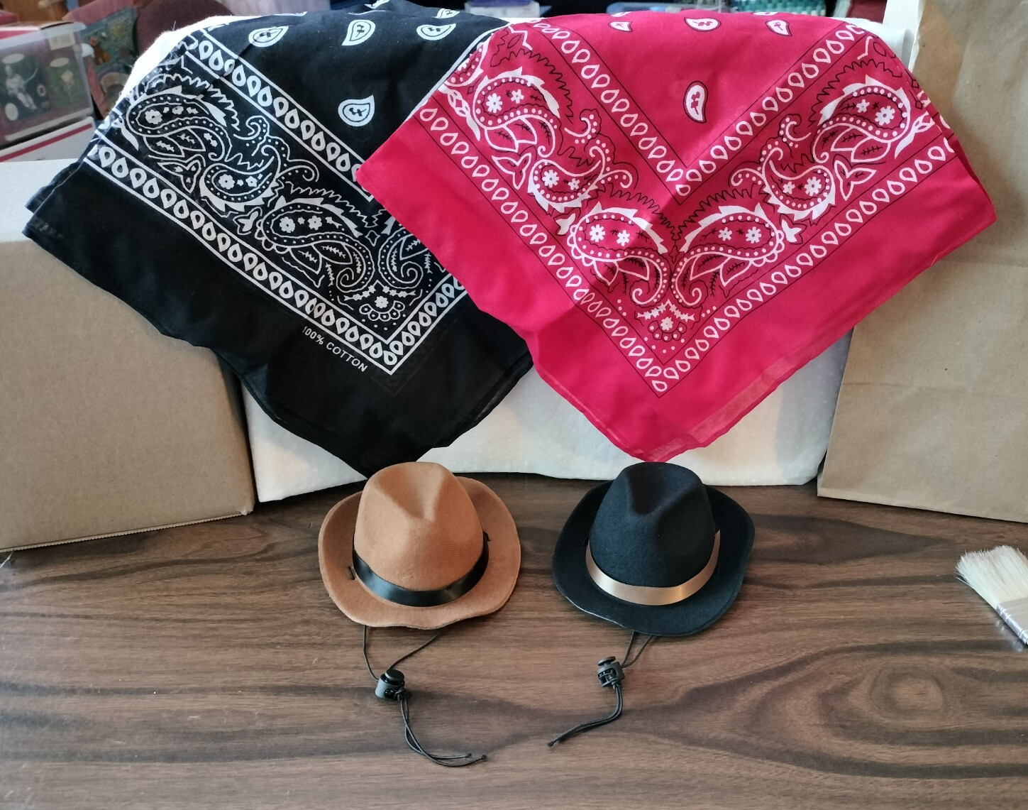 NEW ~ DOG COSTUME COWBOY HAT AND BANDANA ~ BLACK, TAN, RED ~ 2 SET ~ ADJUSTABLE