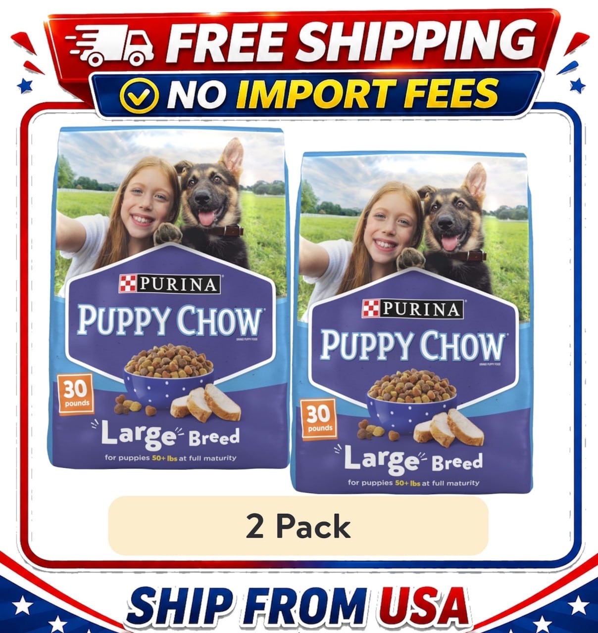(2 pack) Purina Puppy Chow Dry Dog Food for Large Breeds, Chicken, 30 lb Bag