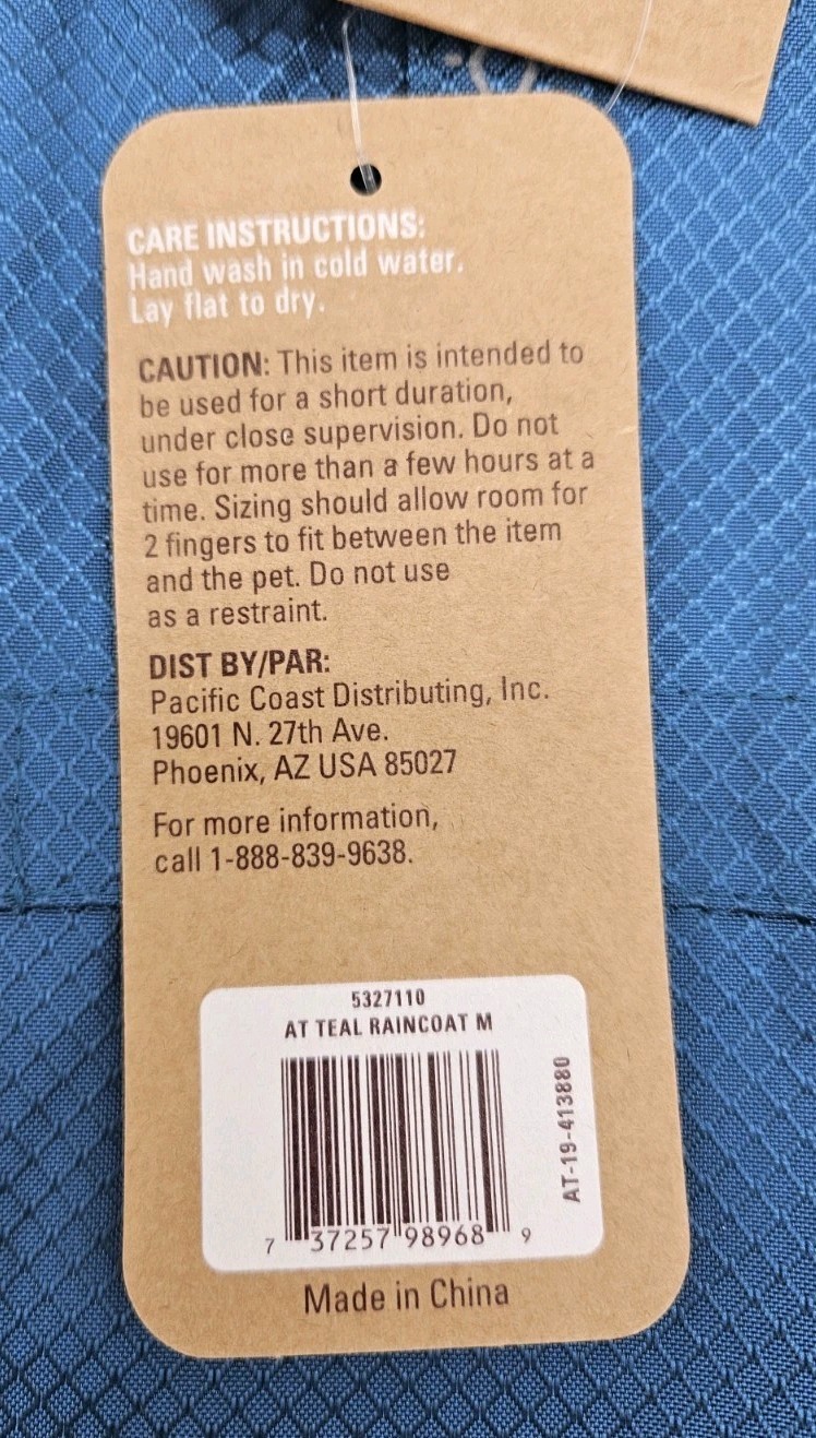 Arcadia Trail Reflective Dog Raincoat High Vis Blue Teal Packable Jacket Medium